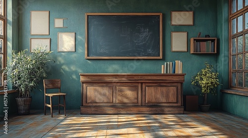 Vintage Classroom Interior with Wooden Desk and Blackboard
