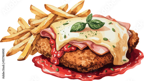 A watercolor illustration of Milanesa Napolitana, featuring breaded meat cutlet topped with tomato sauce, ham, and melted cheese, served with fries,