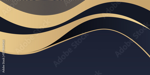 Modern dark blue background. Gradient golden linear background with abstract waves. Luxury and elegant style template. Simple composition with wave curve shapes design. Vector illustration