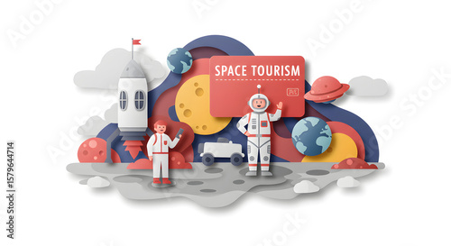 Wallpaper Mural Space Tourism Illustration: A whimsical illustration depicts two astronauts standing on a planetary surface, with a rocket ship, planets and the words "SPACE TOURISM. Torontodigital.ca