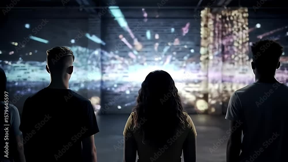 The silhouettes of a diverse group of young people watch a large, abstract projection of data and lights in a dark, modern space. The silhouettes of a diverse group of young people watch a large, abstract projection of data and lights in a dark, modern space.