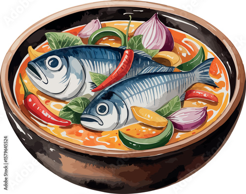 A watercolor illustration of Moqueca Baiana, showing a Brazilian fish stew with coconut milk, peppers
