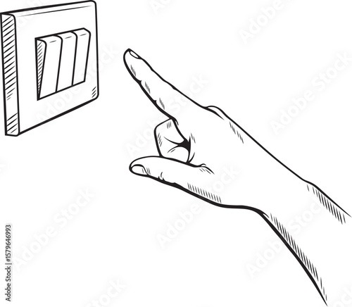 Finger turning off or turning on on lighting switch at home with white background.
