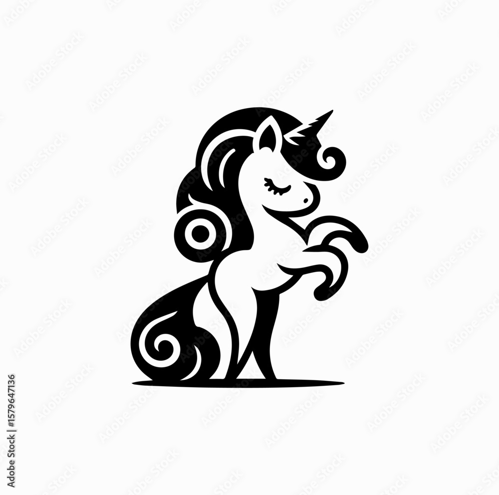 Black Vector Logo of Cute Elegant Unicorn with Curly Tail — Magical and Feminine Character for Kids Black Vector Logo of Cute Elegant Unicorn with Curly Tail — Magical and Feminine Character for Kids