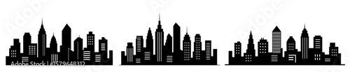 Set of three group of tall buildings in a city skyline.