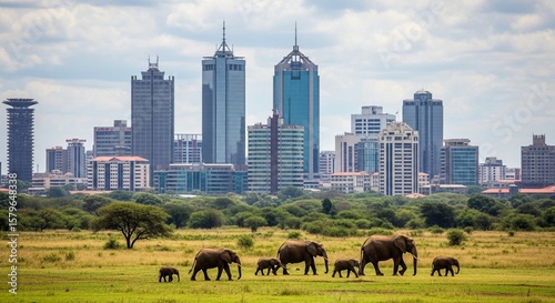 Nairobi Urban Safari – Aerial shot of skyscrapers with animals in the foreground in the national park.