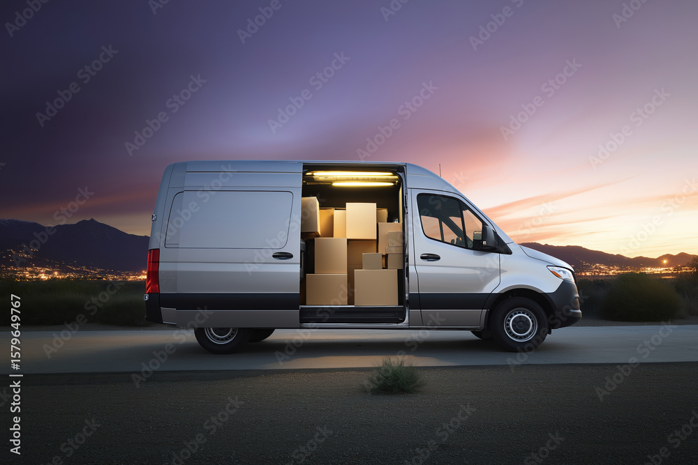 Delivery van parked under evening sky with boxes ready for transport in urban area Delivery van parked under evening sky with boxes ready for transport in urban area