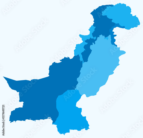 Map of Pakistan with regions. Just a simple country border map with region division. Light blue color palette. Blank Islamic Republic of Pakistan shape with administrative division.