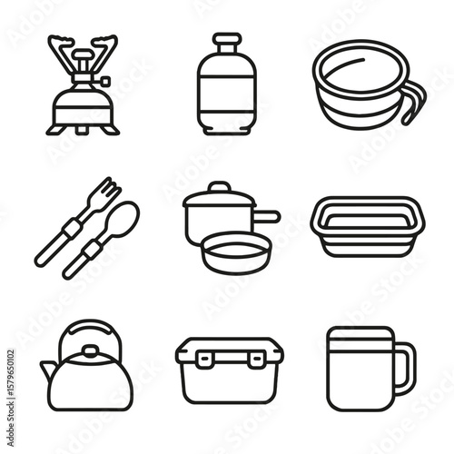 Pot gas collapsible stove kit sink icon vector icons gear set camping
