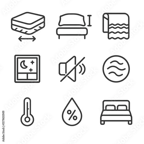 Vector icon quality level room bed layout darkness sleep icons environment pillow