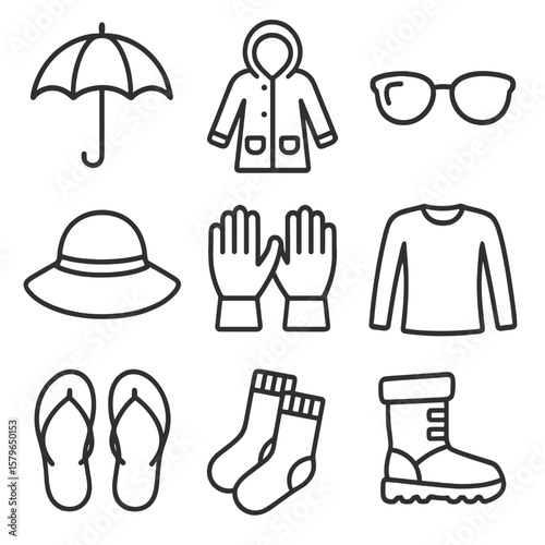 Warm icon gear weather thermal snow boots shirt umbrella vector sunhat icons