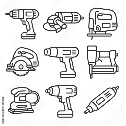 Vector tools icons sander icon rotary jigsaw drill saw impact power grinder