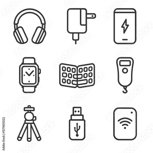 Adapter watch icons travel vector smart pocket usb icon gadget tripod headphones