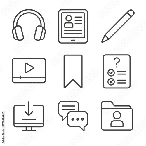 Timeline icon stylus tools interactive learning lesson vector tablet symbol headphones video