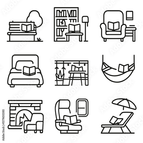 Hammock icons library cozy vector area bench set balcony train reading icon