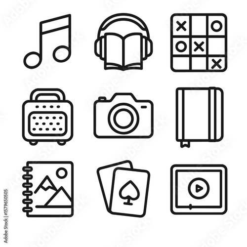 Vector road speaker camera audio game icon essentials card sketchpad trip book