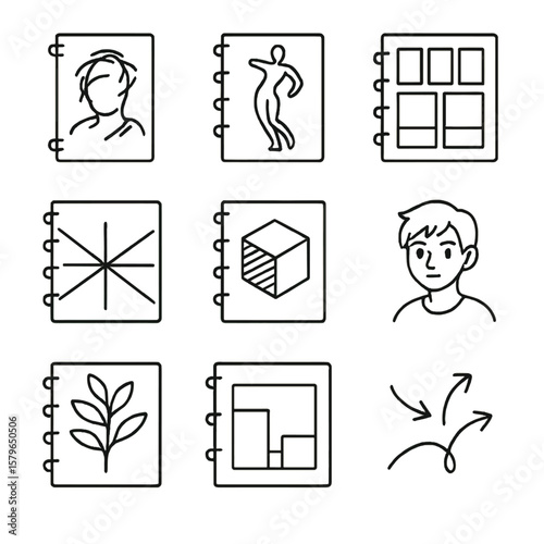 Set blockout perspective sketchbook icon annotation shading vector composition thumbnail grid plant