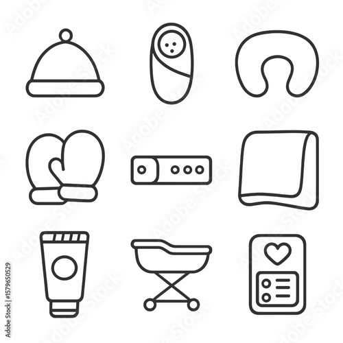 Baby cream pillow icons newborn essentials nursing bracelet icon diaper hat vector