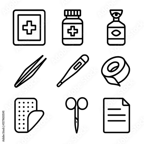 Roll tape scissors tweezers eye pad pain first aid home icon vector