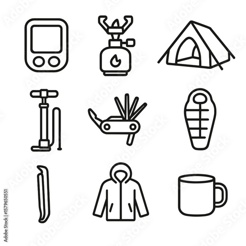 Computer lever jacket touring tire icon vector rain tent multitool bike essentials