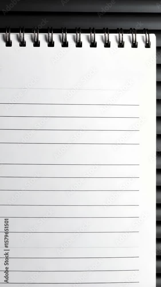 Close-up of a blank white lined notebook with a spiral binding sitting on a dark surface in front of a background of dark blinds