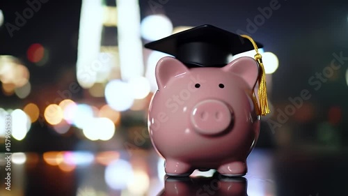 Pink Piggy Bank with Graduation Cap Reflecting City Lights Represents Education Savings