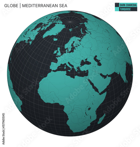 Vector Globe centered to Mediterranean Sea. Dark Charcoal Turquoise palette. World map with meridians, parallels, countries, rivers and lakes. Alive vector illustration.