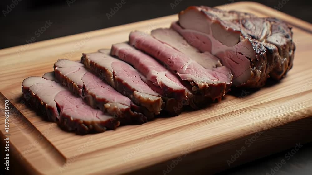 Slices of Roasted Pork on Cutting Board Prepared with Knife and Fork for a Gourmet Meal Presentation in Rustic Kitchen Slices of Roasted Pork on Cutting Board Prepared with Knife and Fork for a Gourmet Meal Presentation in Rustic Kitchen