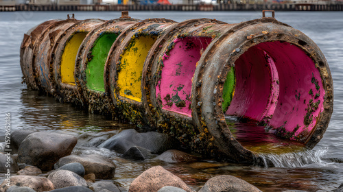 Colorful industrial pipes discharging water into rocky shoreline, with vivid neon green, yellow, and pink interiors. scene highlights environmental impact and pollution