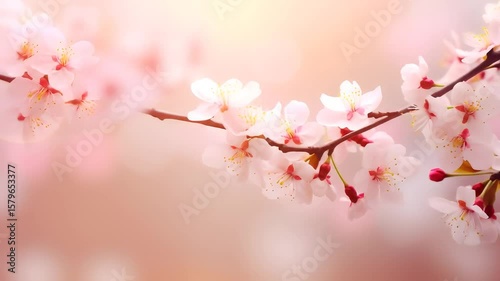 Closeup of a branch with pink and white cherry blossoms against a soft pink and white background