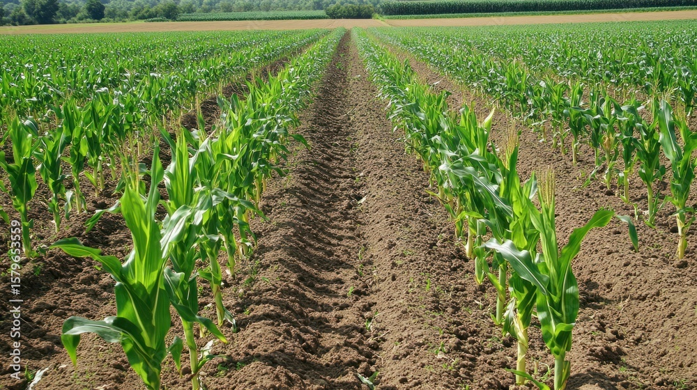 Naklejka premium Corn field rows on a sunny day