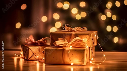 Golden gifts with ribbons and lights creating a warm festive atmosphere for celebration time