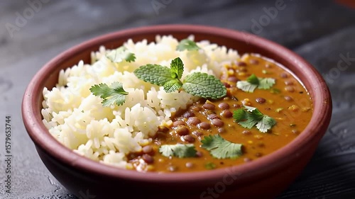 Ceramic Bowl of Lentils and Rice Garnished with Mint and Cilantro on a Dark Background