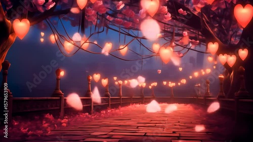 Heart shaped lanterns hanging from trees over a brick path with street lights at night