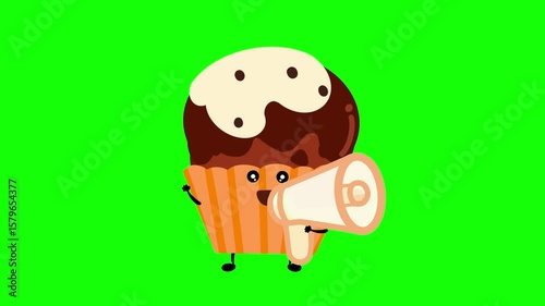 Shouting Muffin with Megaphone, Cute Dessert Alert. looping animation.