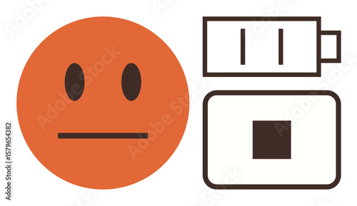 Neutral face alongside low-battery indicator and stop button emphasizes fatigue, pause, or powerlessness. Ideal for mental health, energy, stress, burnout, mindfulness rest simplicity. A simple