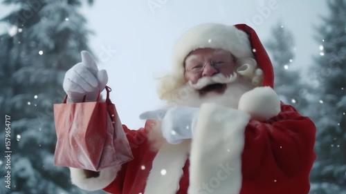 Santa claus holding a bag in a snowy forest with falling snow and a cheerful expression on Christmas