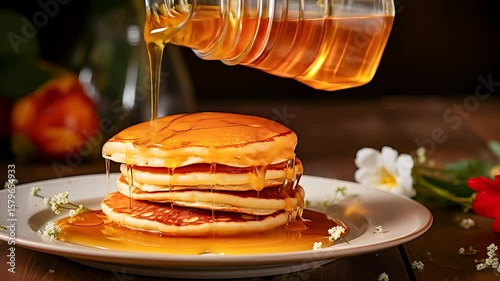 Stack of pancakes being drizzled with honey on a plate with floral decorations and dark background
