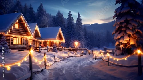 Snowy cabins illuminated with christmas lights in a winter wonderland night scene view of nature