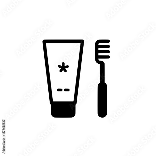 Solid black icon of a tube of toothpaste and toothbrush symbolizing dental hygiene and morning routine