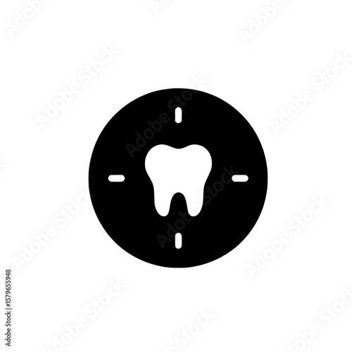 Icon of a tooth in the center of a crosshair symbol representing dental target, oral focus, or dental precision