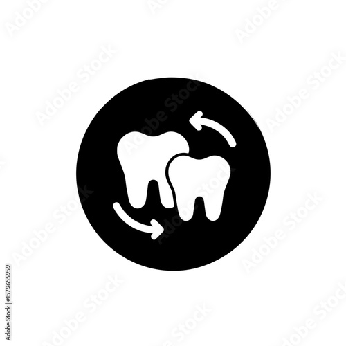 Circular icon of two teeth with arrows representing dental care, oral hygiene, or tooth replacement process
