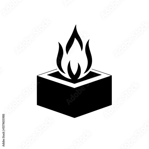 Black icon of a flame emerging from a cube-shaped box symbolizing flammable material, danger, or warning