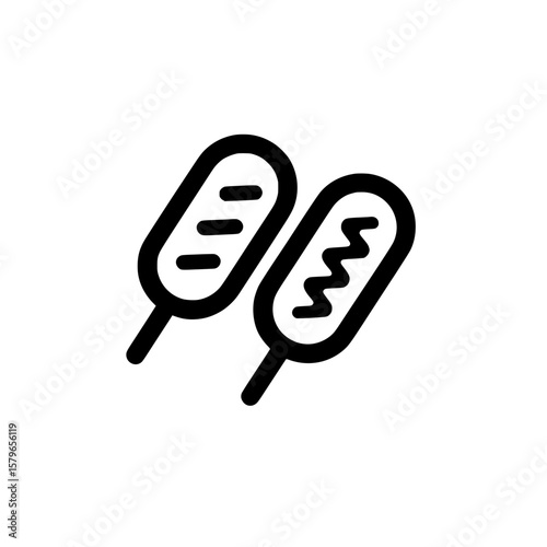 Skewed outline icon of two corn dogs on sticks with topping details, ideal for snack or fair food visuals