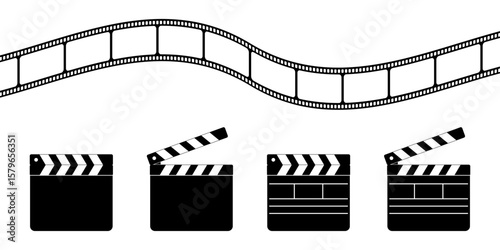 Clapper boards and wavy film strip isolated on white background. Closed and open movie clapboard silhouettes. Cinema or television program industry objects. Vector graphic illustration.