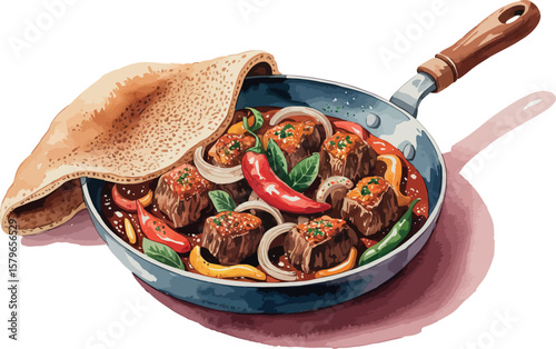 A watercolor illustration of Tibs, featuring Ethiopian sautéed meat with onions, peppers, and berbere spices