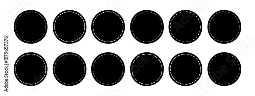 Set of circle shapes with dashed border lines. Dotted geometric round figures isolated on white background. Cut here pictograms for sale coupons or price tags. Vector graphic illustration.