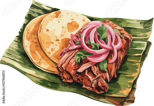 A watercolor illustration of Cochinita Pibil, presenting slow-cooked, achiote-marinated pork wrapped in banana leaves, served with pickled red onions and tortillas
