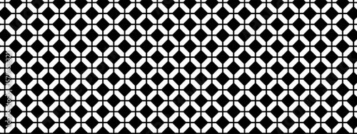 Tiled floor or wall background with octagon and square shapes. Retro mosaic texture. Malaysian cafe or restaurant interior ornament. Black and white geometric print. Vector graphic illustration.