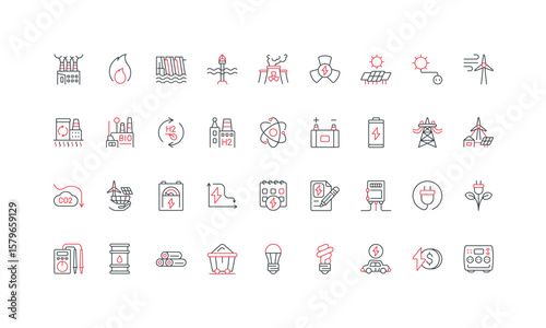 Power energy plant, electricity production, types of renewable generators line icon set. Charge station of electric car, battery, oil barrel and coal thin black and red symbols vector illustration